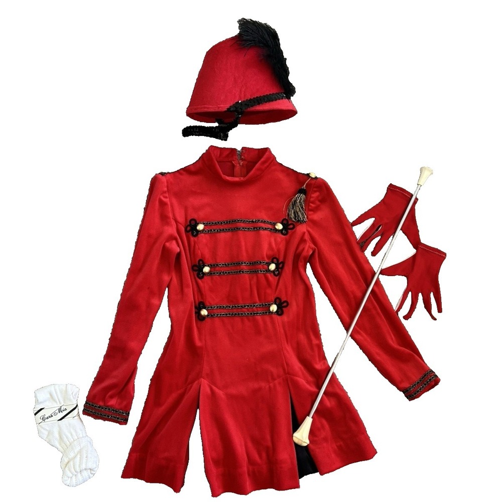 Vintage Majorette Cheer Uniform Red Black Hat Plume Gloves Socks Baton VGUC